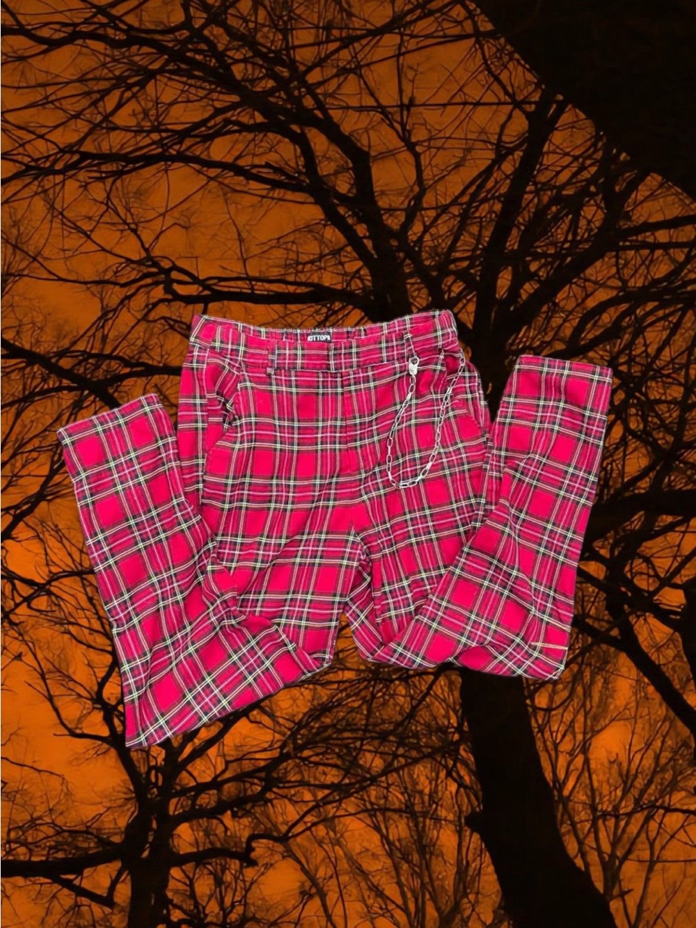 Hot red  Plaid Kids Pants with Chain Accent